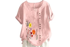 KICILVS Womens Summer Tops Casual Cotton Linen T-Shirts Short Sleeve Round Neck Shirt Oversized Floral Graphic Tees