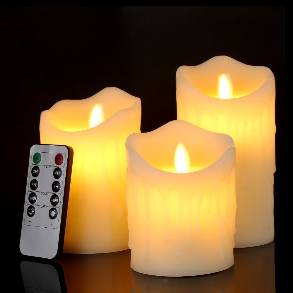 Pack of 3 (4"/ 5"/ 6") Ivory Pillar Flameless LED Candles, Dripping