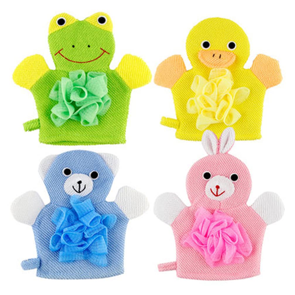 SOLUSTRE Cartoon Kids Bath Gloves 4-Pack Baby Bath Towels Soft Exfoliating Scrubbing Mitts for Gentle Skin Massage and Fun Time