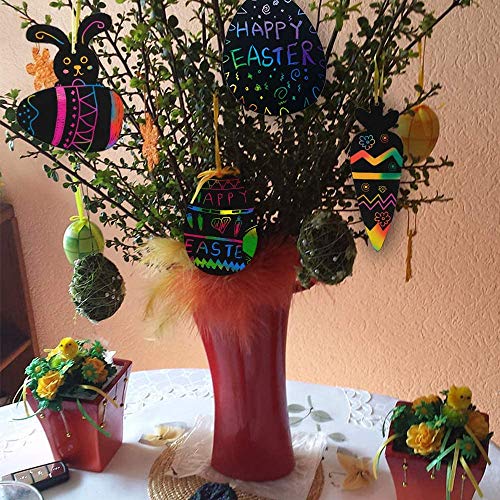 LEEFENGQI [48 Pack] - Easter Rainbow Scratch Card, Easter Eggs Carrots Bunny Scratch Art with 48 Ribbons and 24 Wooden Styluses for Easter Party Favor, Creative Easter Gifts for Kids