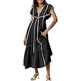 Wenrine Womens Summer V Neck Midi Dress Casual Ruffle Sleeve Contrast Color Loose Fit Flowy Long Dresses