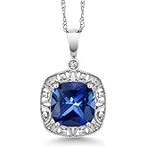 Gem Stone King 10K White Gold Blue Created Sapphire and Diamond Accent Pendant Necklace For Women | 2.50 Cttw | Cushion 8MM | With 18 Inch Chain