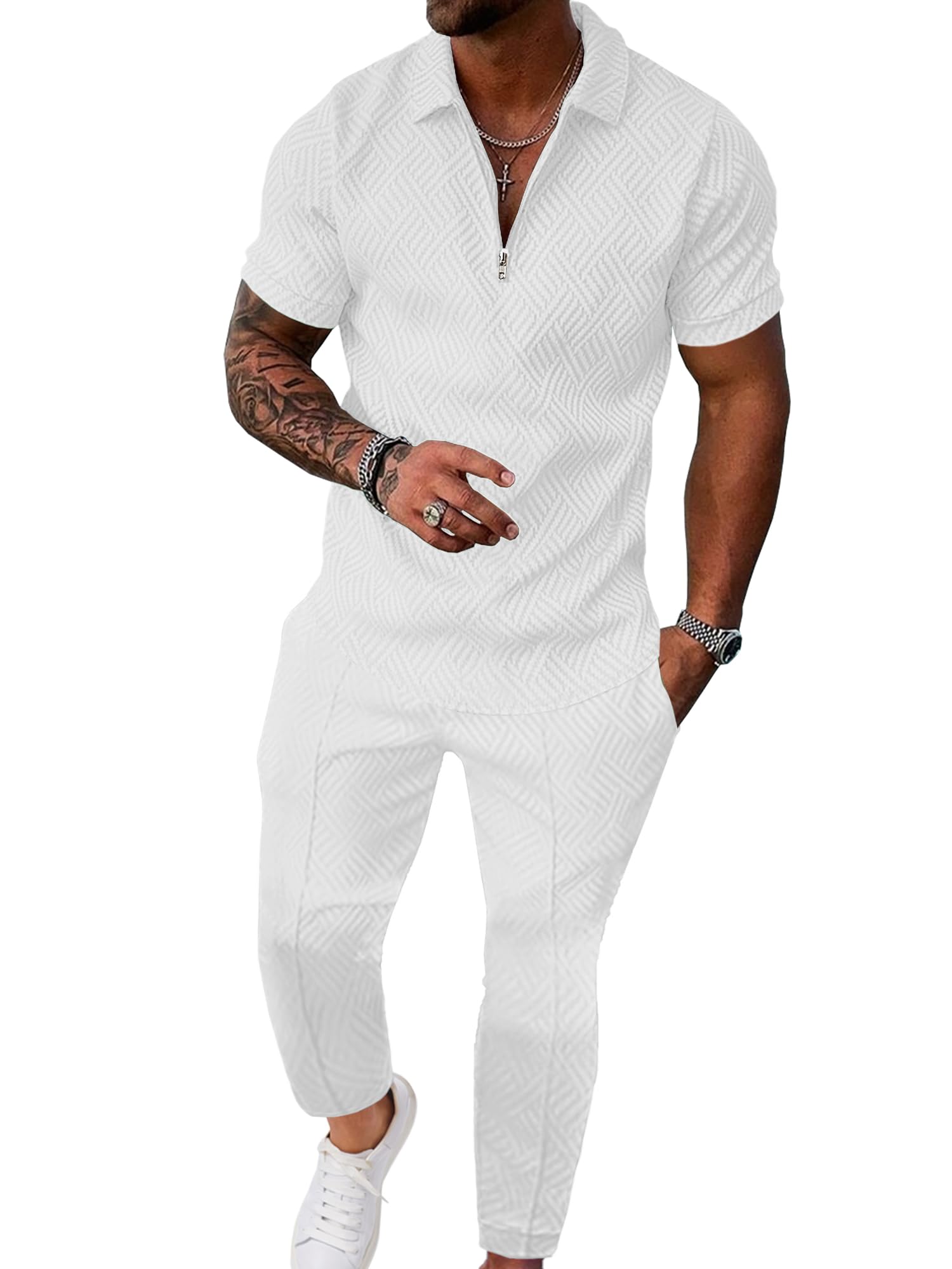 Photo 1 of UOUA Mens Sweat Suits Set Tracksuit 2 Piece Outfits Short Sleeve Casual Sweatshirt & Loose Jogging Pants Polo Track Suit Loungewear Athletic Sweatsuit White M