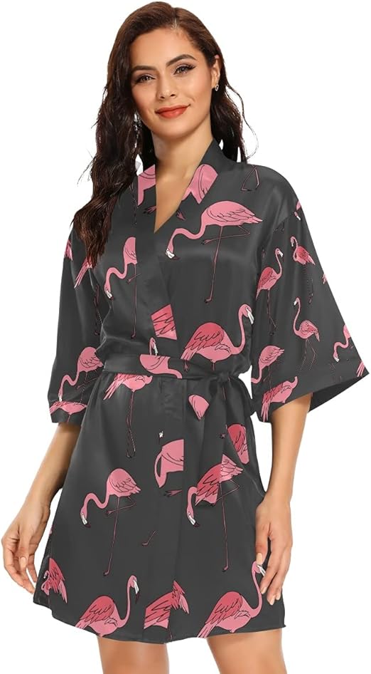 Flamingos Cute Kimono Bathrobe Women's Satin Robe for Bride Bridesmaids at Amazon Women’s