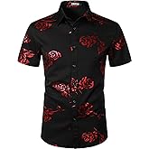 ZEROYAA Mens Hipster Gold Rose Printed Slim Fit Short Sleeve Button Down Dress Shirts