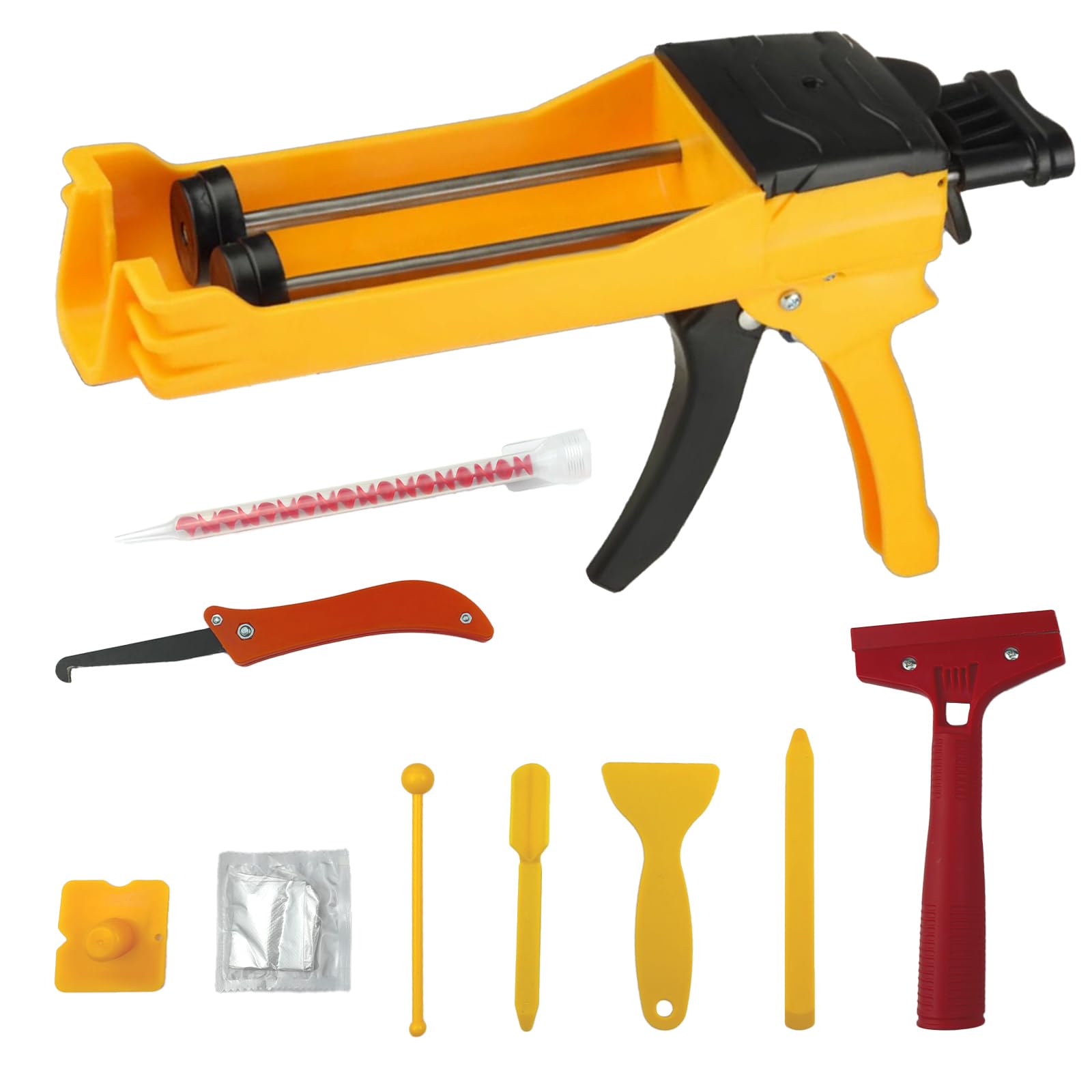 Photo 1 of Zyklonix Double Caulking Gun,Dual Epoxy Gun for 400 mL(13.5 fl oz,1:1 Mix Ratio),Manual Dual Component Adhesive Applicator with 9 Pieces Caulk Tools,Yellow