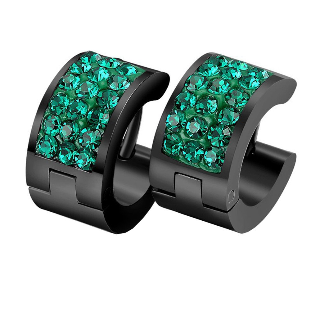 PAURO Mens Stainless Steel Black Huggie Hoop Earrings Green CZ Inlaid Ear Studs