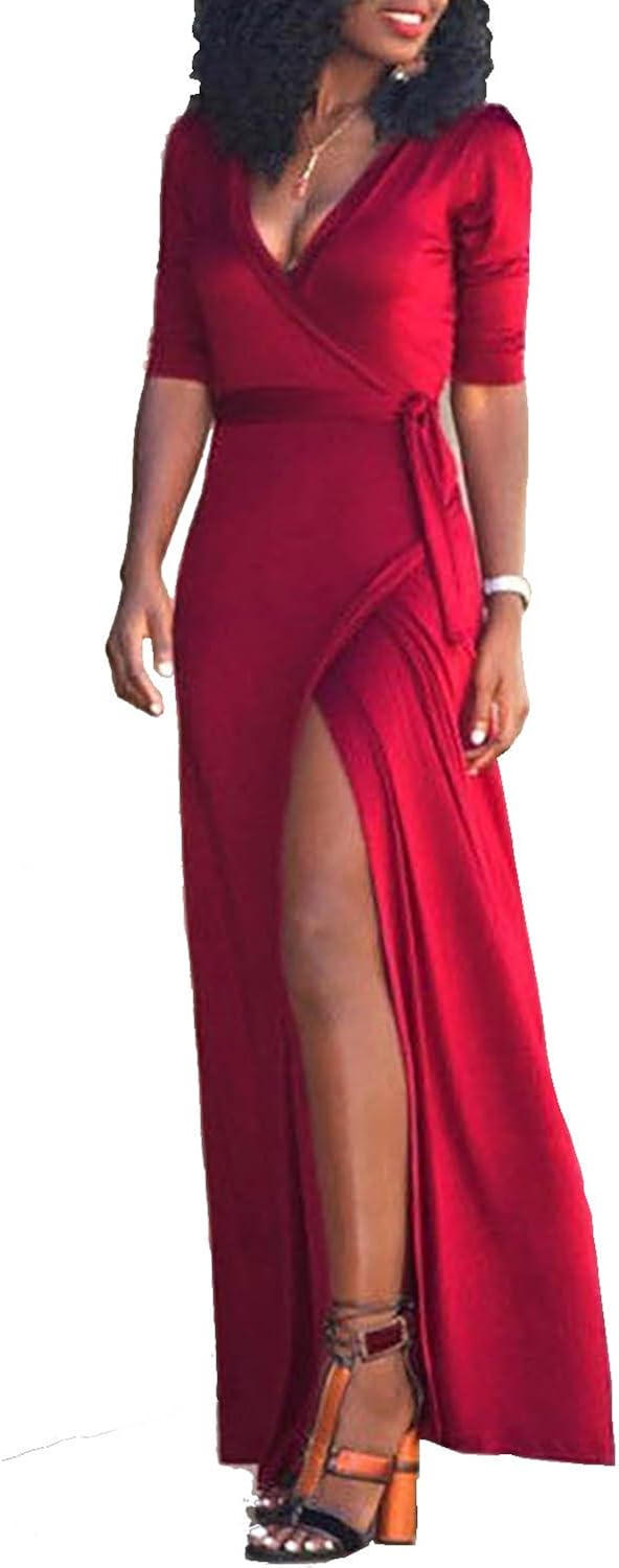 Vivicastle Women's USA Sexy Long Sleeve Tulip Wrap Slit Front Full Long Maxi Dress at  Women’s Clothing store