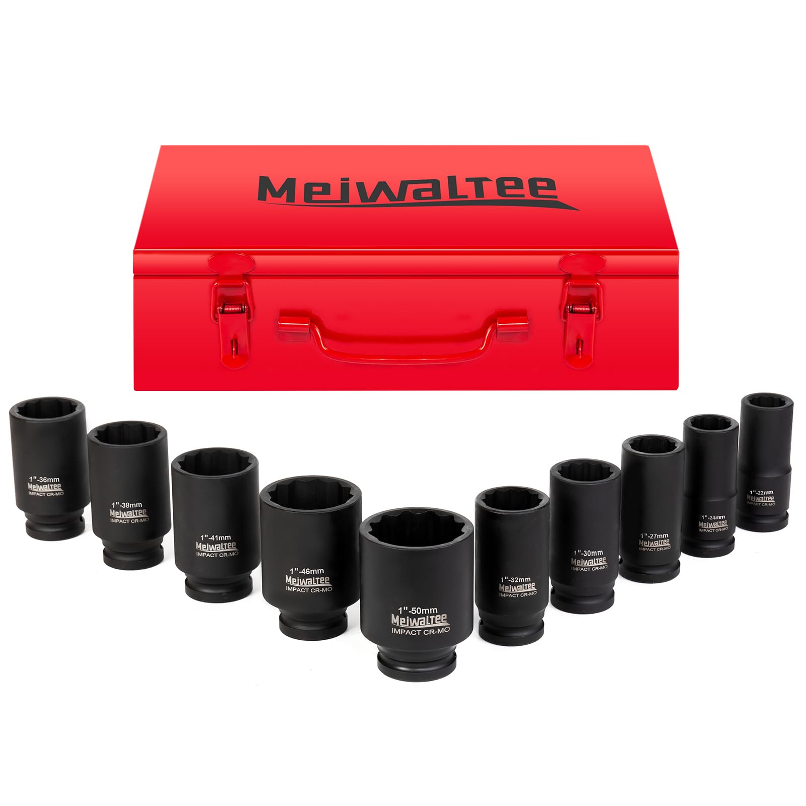 Meiwaltee 1 Inch Impact Wrench Nut Set | 10-Piece Jumbo Assortment Deep Impact Socket Set | Metric Sizes 22-50 mm | 12 Point Design | Metal Case | Cr-Mo Steel.