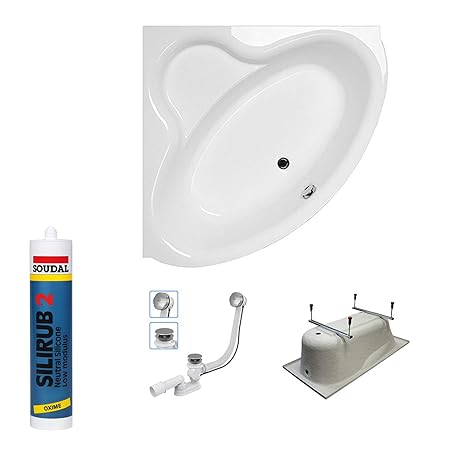 The North Bath FLOWER Asymmetrische Eckwanne Eckbadewanne 140x140 cm Wanne Ablaufgarniur Silikon und Füßen, ohne Wannenträger