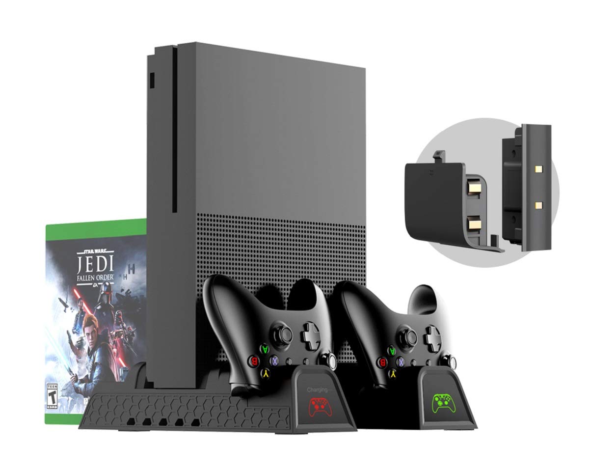 Vertical Stand, Controller Charger, Cooling Fan for Xbox One, One S, One X and Elite - PeakLead Dual Charging Docking Station, 2x Rechargeable Battery Pack, USB Hub, Games Storage Holder Rack