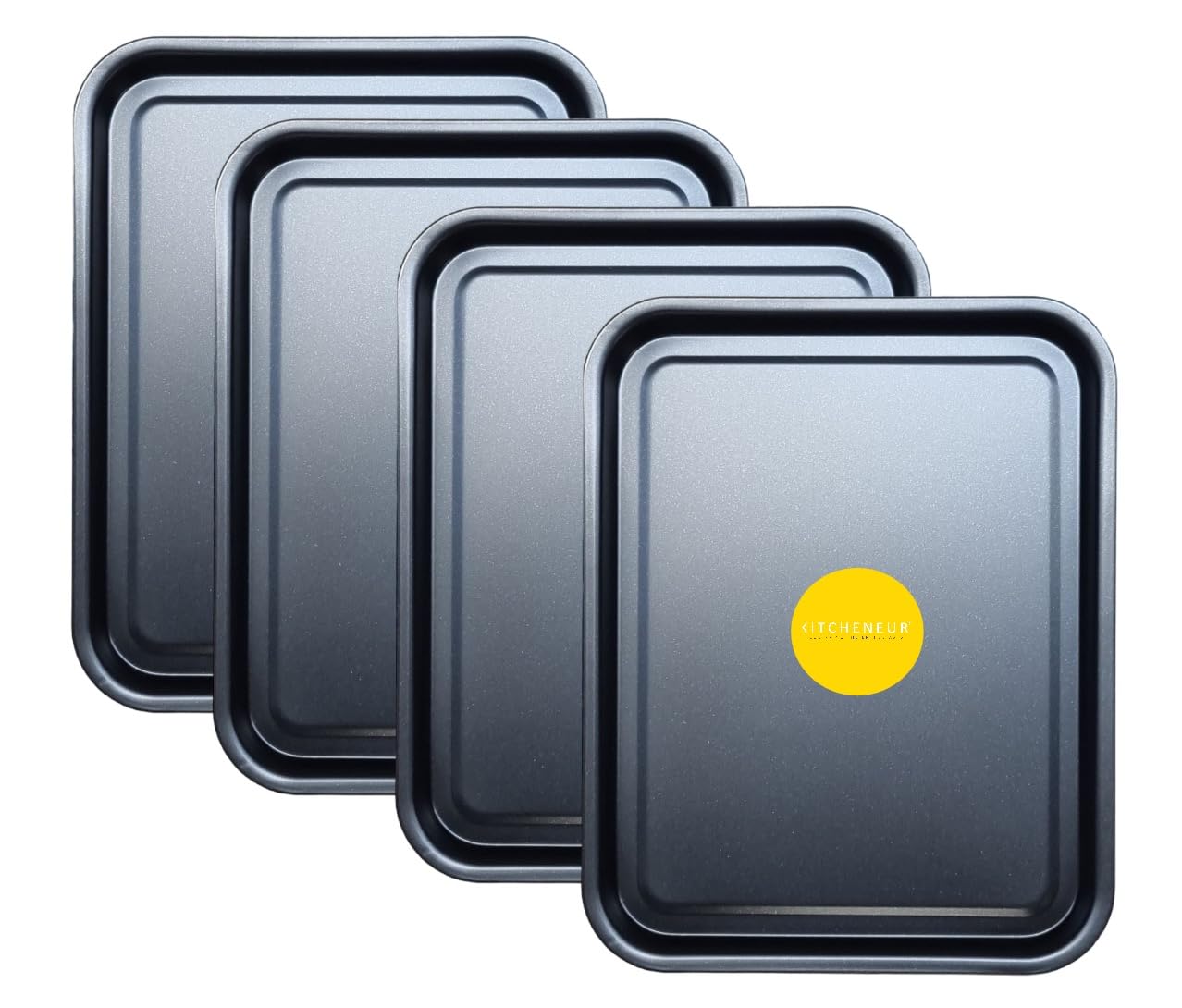 4-Pack Essential 38cm Baking Tray Set - Non-Stick Oven Trays Teflon™ Coated for Baking & Roasting Durable, Dishwasher Safe & Stackable Bakeware for Easy Cleaning & Space-Saving Storage by KITCHENEUR®