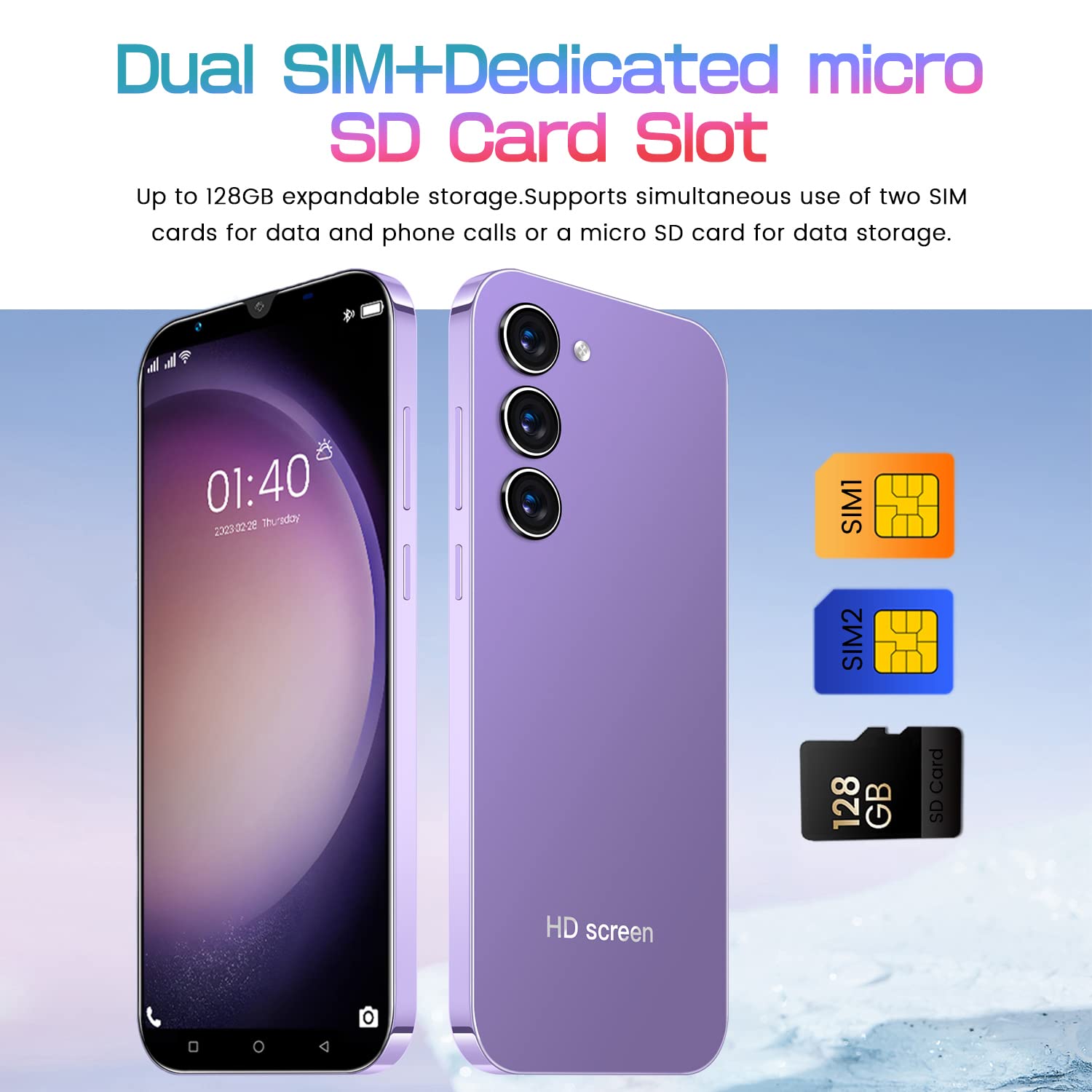 Cheap Mobile Phones, 5.0 Inch, Android 9.0, Dual SIM Dual Camera, Quad Core, 16GB ROM【Expandable up to 128GB】, Support WiFi/Bluetooth/FM, Face Unlocked Phones (Purple)