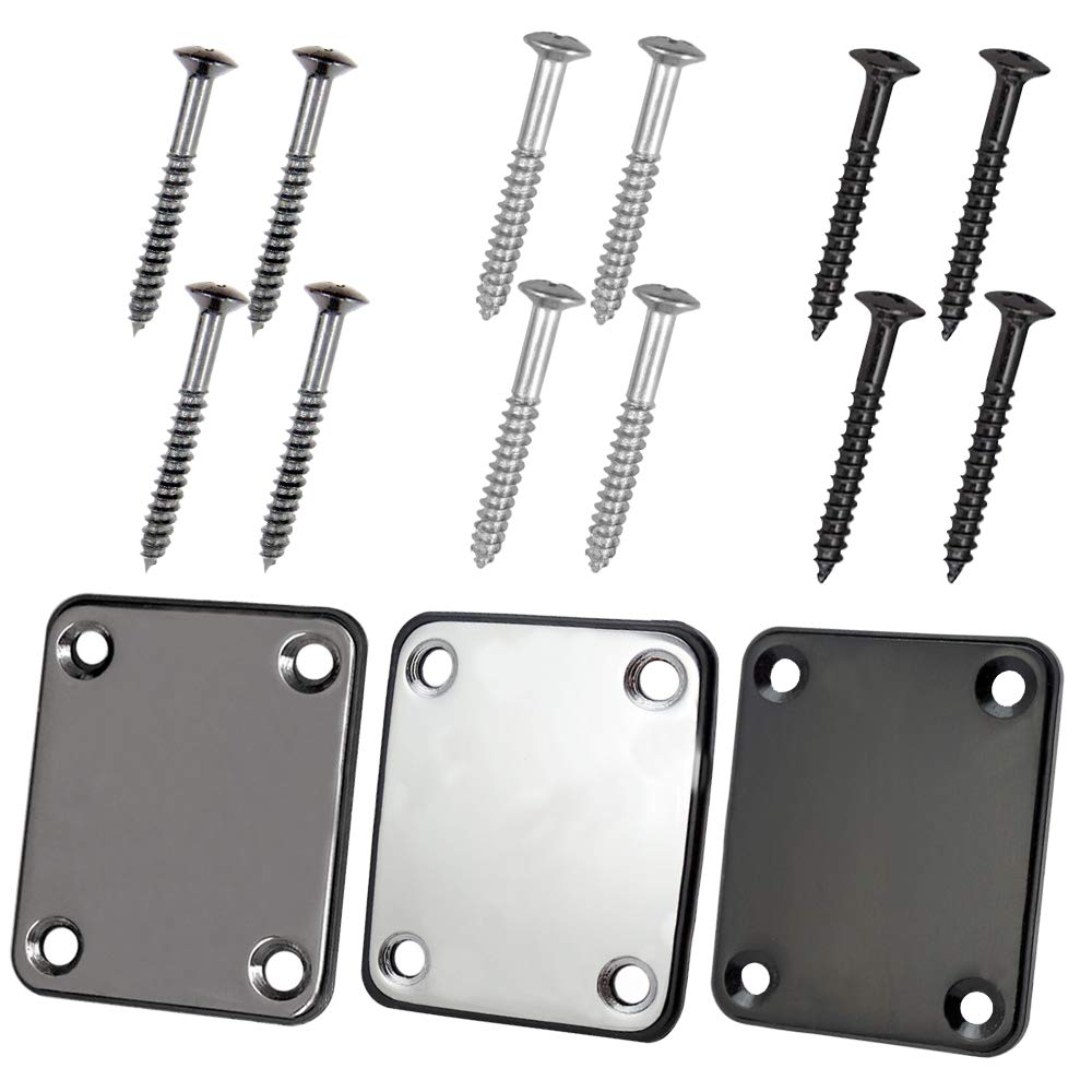 3 Pack Different Colors Electric Guitar Neck Plate with Crews, SourceTon Guitar Neck Plate (Silver, Black, Gun Black) for Replacement Electric Guitar Part