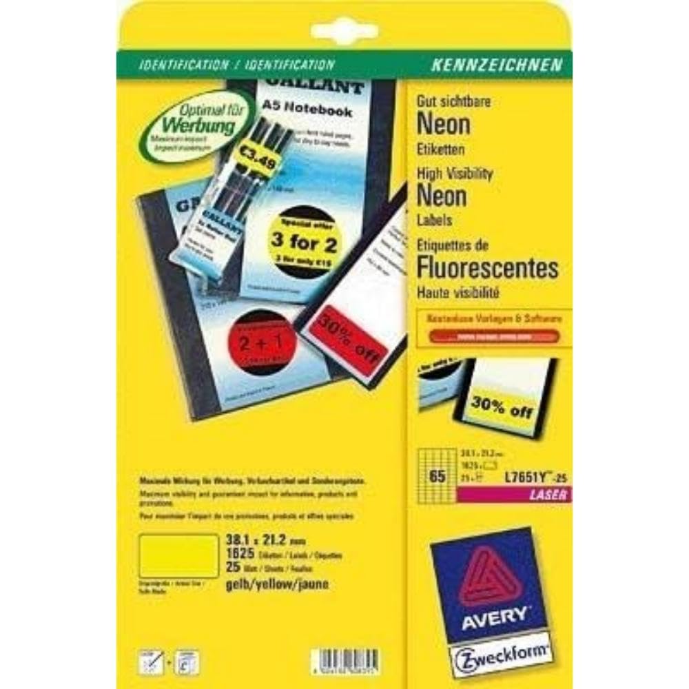 Avery Zweckform L7263R-25 Neon Labels 1.650 Stück, 38,1 x 21,2 mm neon Yellow