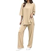 Cnlinkco Womens 2 Piece Outfits Short Sleeve Set Wide Leg Pants Casual Trendy Pullover Lounge Set