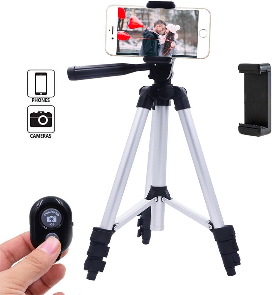 Conzy Phone Tripod, Universal Adjustable Tripod Kit with Bluetooth Remote Control and Smartphone Holder Mount for iPhone/Android cellphone/Camera and Gopro (Silver)