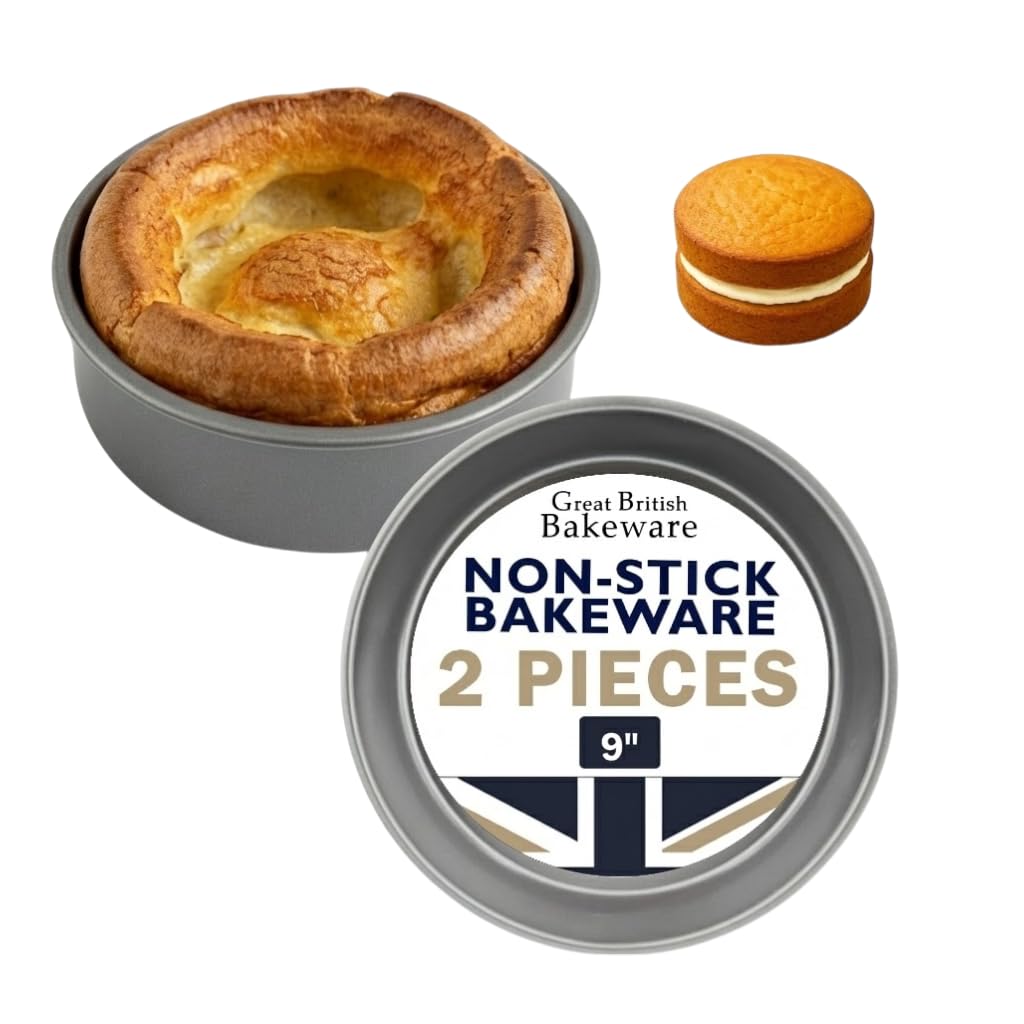 Great British Bakeware 2 Pack 9" Deep Superior Double Coated Non-Stick Victoria Sandwich Cake Tin, The Perfect Giant Yorkshire Pudding, Round Cake Tin, Fixed Base, PFOA & BPA Free , Made in England