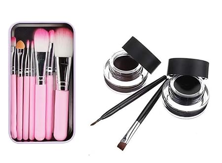 Vozwa Mini Makeup Brush Kit With Storage Box and Gel Eyeliner (Black Brown 6gm)