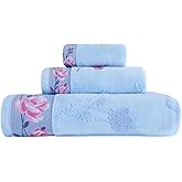 KINGSHORE 3 Piece Premium Bath Towel Set (Flowers), 1 Bath Towel 1 Hand Towel 1 Washcloth, Quick-Drying, 100% Cotton,Oeko-TEX Certified (Blue)