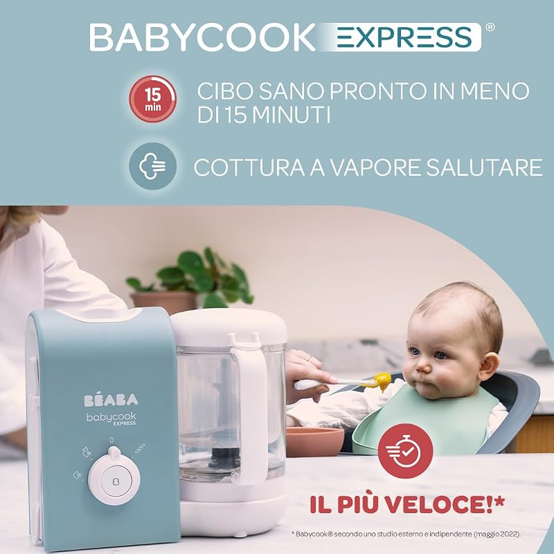 BEABA, Babycook Express, Robot Baby 4 in 1 Frullatore, Cottura Express 15 min, Miscelazione personalizzata, Cottura a Vapore Dolce e Sano, Scongelamento, Texture omogenea, Capacità 1.250 ml, Verde