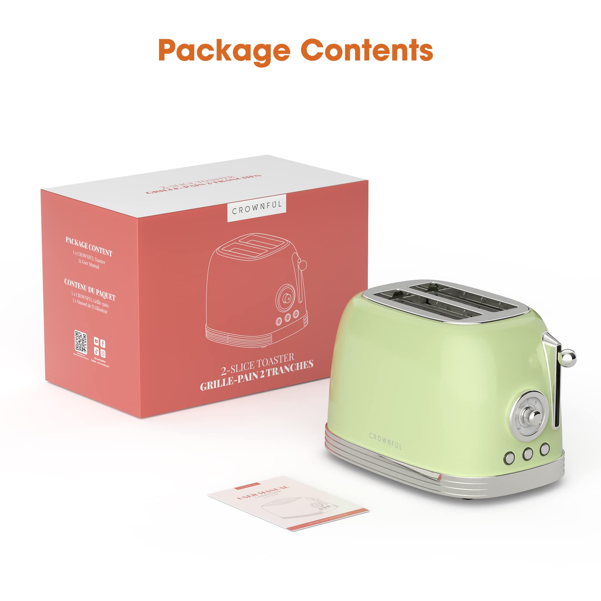 CROWNFUL 2-Slice Toaster, Extra Wide Slots Toaster, Retro Stainless Steel with Bagel, Cancel, Defrost, Reheat Function and 6-Shade Settings, Removal Crumb Tray, Green