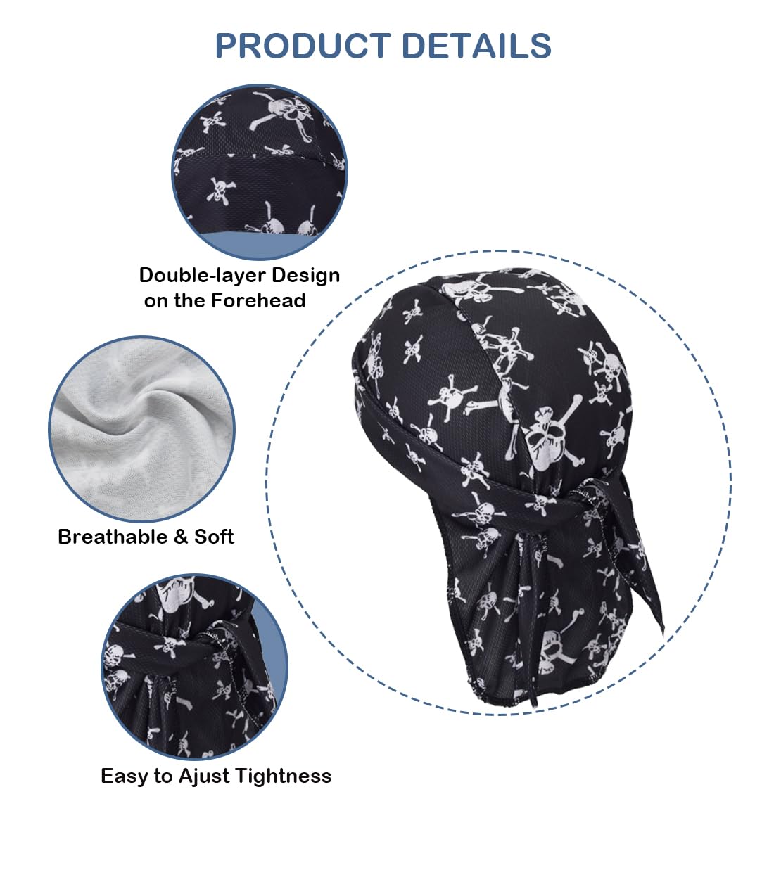 Sweat Wicking Do Rags Skull Caps, Cooling Hip Hop Hat, Beanie Durag Motorcycle Head Wrap Doo Rag Liner for Men Women