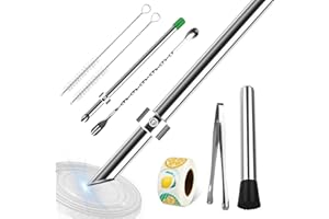 FATYEHX 8 Pcs Set Kit,Include 2X 316 Stainless streel Straw Puncher for Plastic Lids,1x Lemon Stickers Roll,1x Ice Tong,1x Muddler,1x Mixing Spoon and 2X Straw Brushes,Lemonade Muddler and Straw Puncher Set