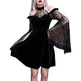 LVCBL Women's Lace Vintage Dress Halloween Vampire Cold Shoulder Gothic Dress
