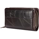 WIOEERS Mens Clutch Bag Brown Men's Long Leather Wallet First Layer Cowhide Fashion Clutch Double Zipper Unisex Business Bag