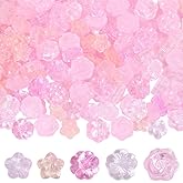 PONABEADIY 1 Box 150PCS Pink Flower Glass Beads with Holes Mixed Size Assorted Floral Transparent Blossom Petals Spacer Looses Bead Bulk for Jewelry Making Necklaces Christmas DIY Crafts Supplies