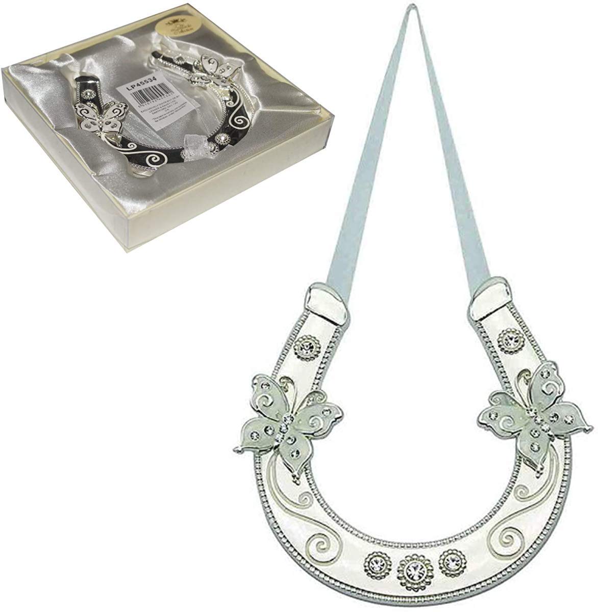 Wedding Silver Plated Double Butterfly Horseshoe with Diamantes - Gift Boxed
