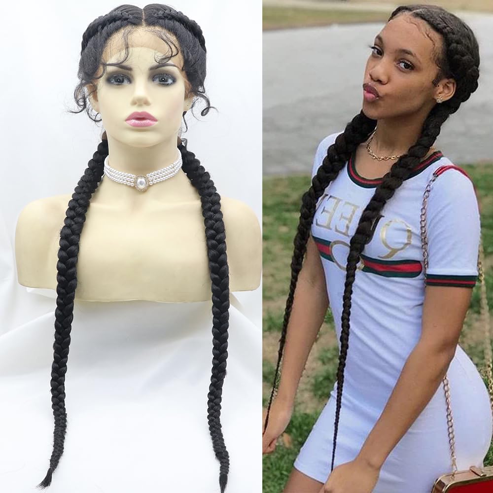 xiweiya Long 1B# Black Braided Wig Double Dutch Black Braids 100% Hand Made Twist Braided Wig 360 Swiss Lace Front Braiding with Baby Hairs Black French Braid Cornrow Braids Wigs for Women 36 inch โ image 1