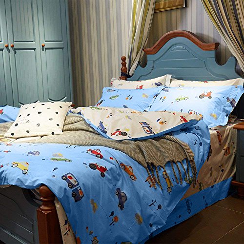 BuLuTu Cartoon Sports Cars Print Boys Duvet Cover Queen Cotton Blue Darker White,Red Yellow Green Trucks Transport Vehicles Reversible Kids Bedding Sets Full Teen Comforter Cover,No Comforter - Thumbnail 4