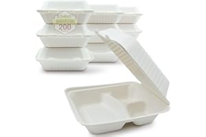Green Earth 8-Inch, 200-Count, 3-Compartment, Compostable Clamshell, Natural Bagasse (Sugarcane Fiber), Take-Out/to-Go Food Boxes - Biodegradable Containers, Hinged Lid Microwave-Safe Gluten-Free