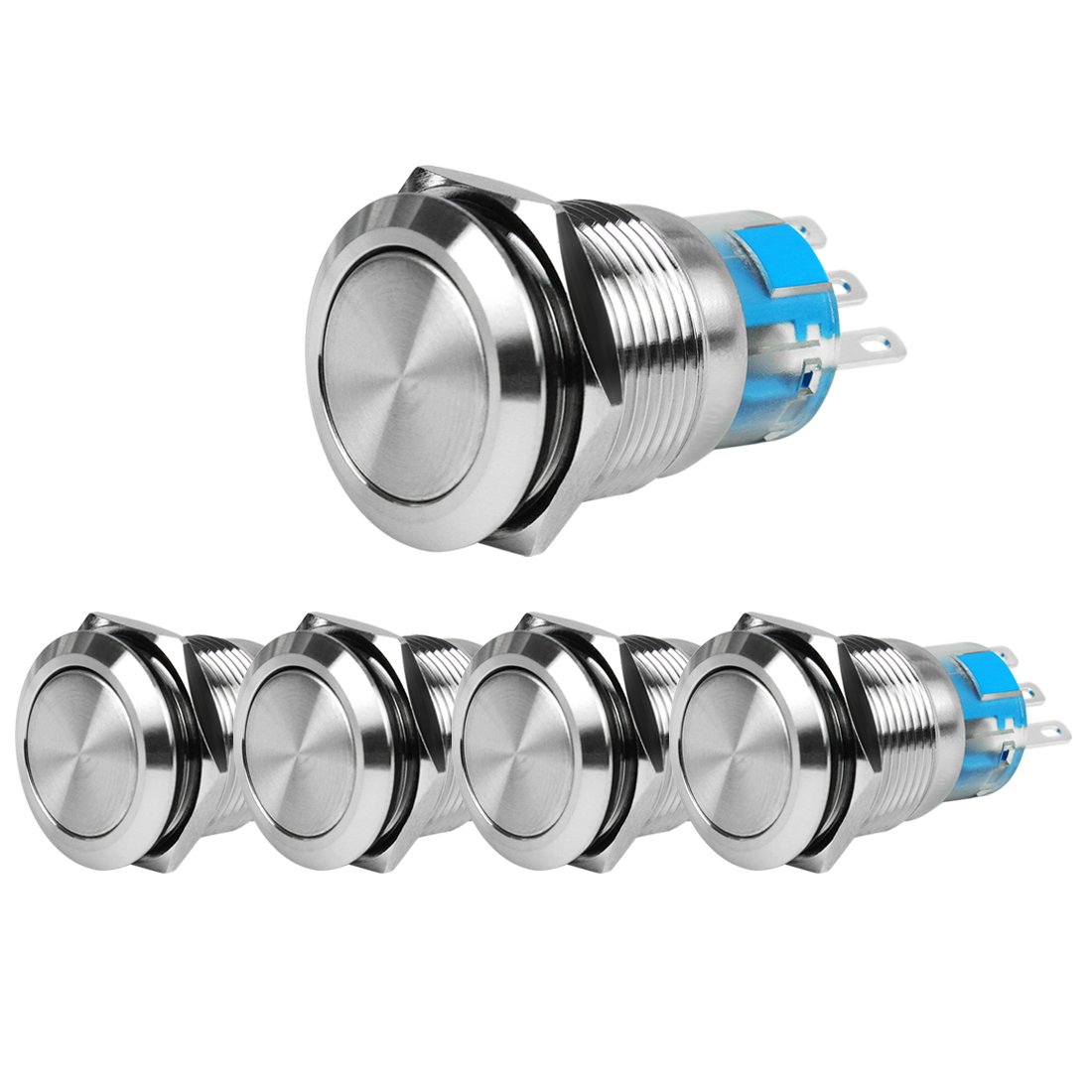 Larcele 19mm Momentary Push Button Switch,Waterproof DIY On Off Switch,5 Pieces JSANKG-05 (Flat Head,Momentary)