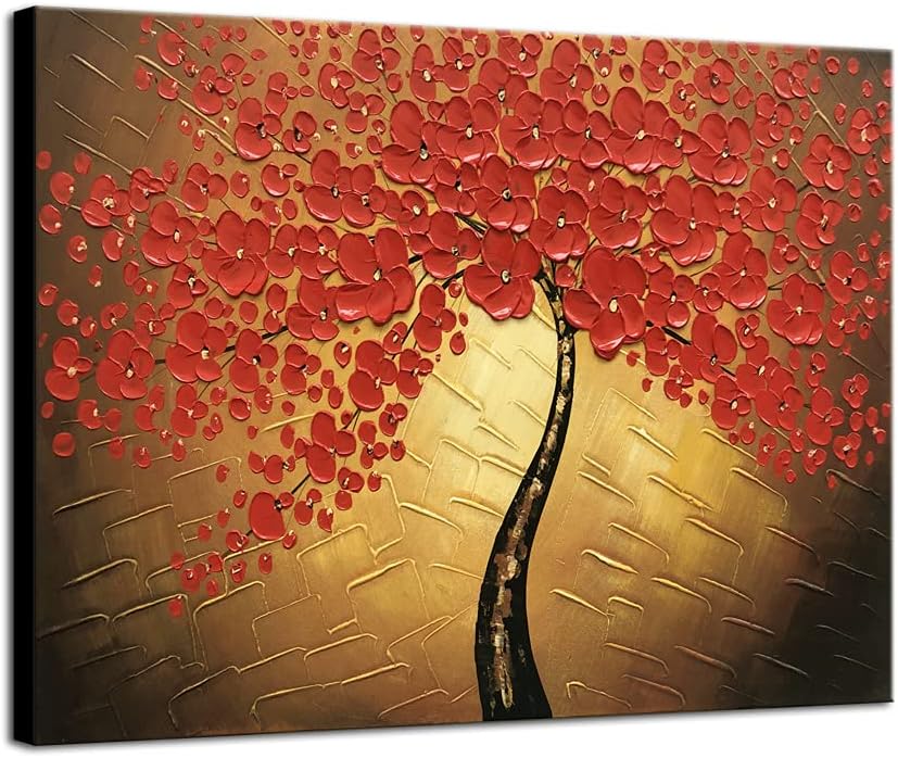 Paintings - Wieco Art Red Flowers Oil Paintings Reproduction on Canvas Wall Art Ready to Hang for Bedroom Kitchen Home Decoration Large Modern 100% Hand Painted Stretched and Framed Pretty Abstract Floral Artwork