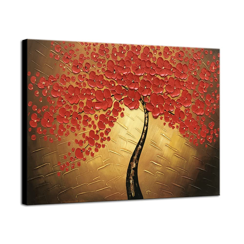 Wieco Art - Red Flowers Modern Stretched and Framed Floral 100% Hand Painted Oil Paintings Artwork on Canvas Wall Art Ready to Hang for Living Room Bedroom Home Decorations