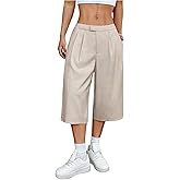 OYOANGLE Women's Pleated Bermuda Cropped Pants Low Waisted Loose Wide Leg Dressy Shorts with Pocket