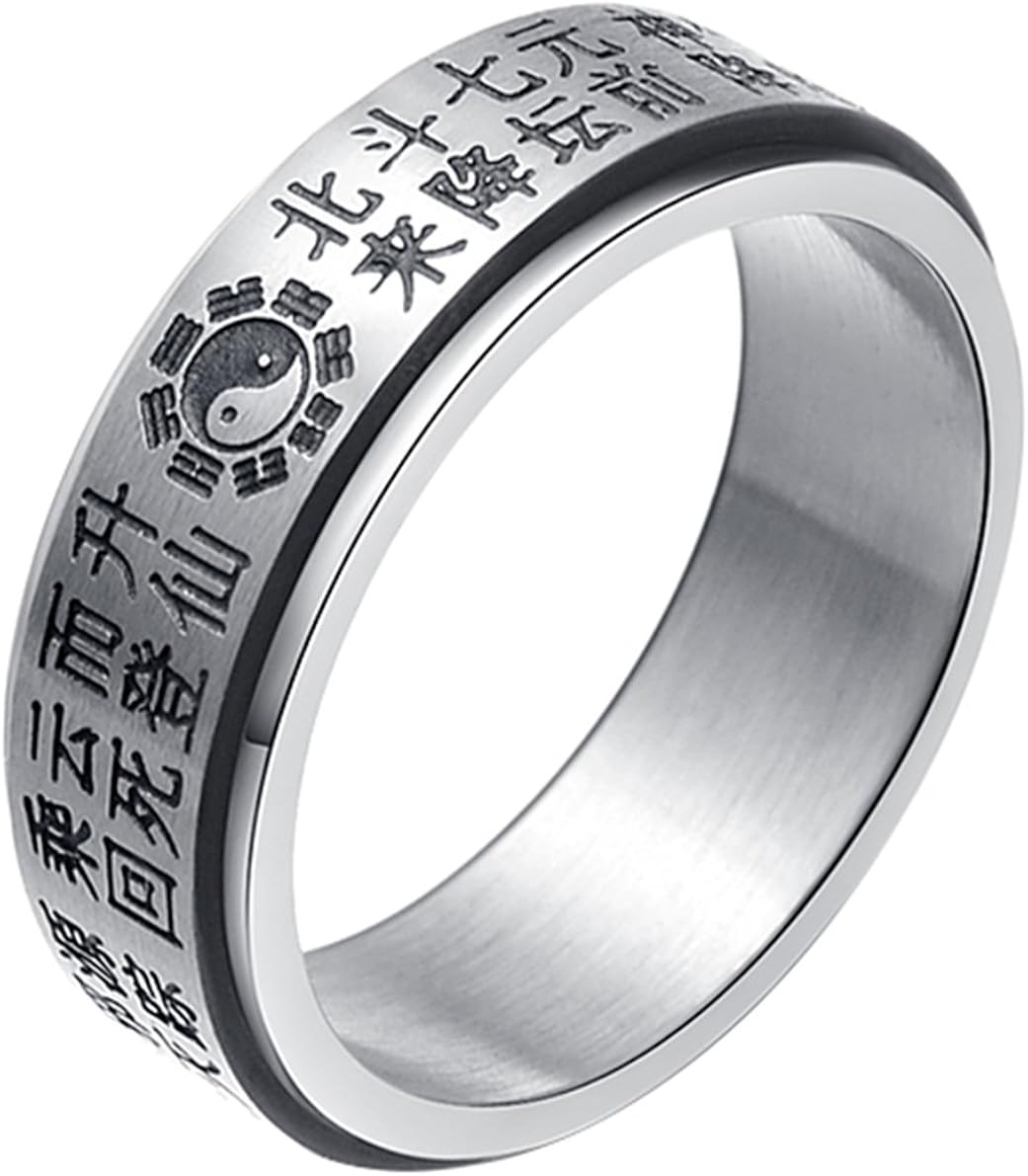 ALEXTINA Men's 7MM Stainless Steel Yin Yang Ring Taoism Mantra