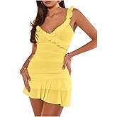 Floerns Women's Summer Going Out Mini Dress Spaghetti Strap Ruffle Trim V Neck Layered Hem Sexy Party Dresses
