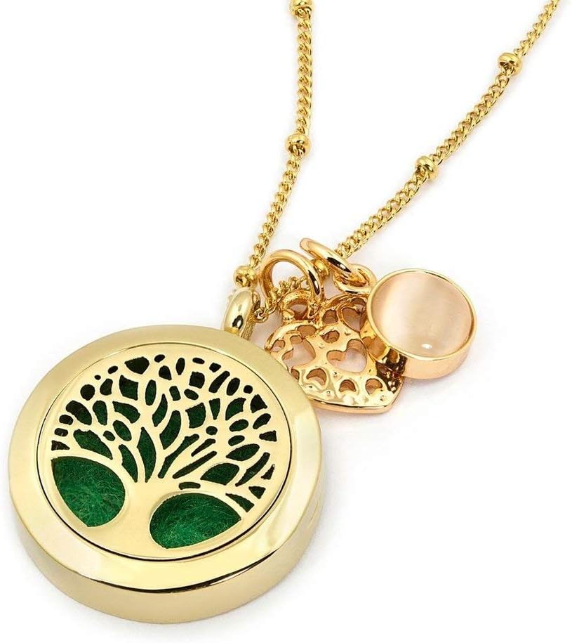 AromaLuxe London Gold Tree of Life Essential Oil Diffuser Necklace - Aromatherapy Jewelry - Hypoallergenic 316L Surgical Grade Stainless Steel, 20.8" Chain + 9 Washable Insert Pads + Charms