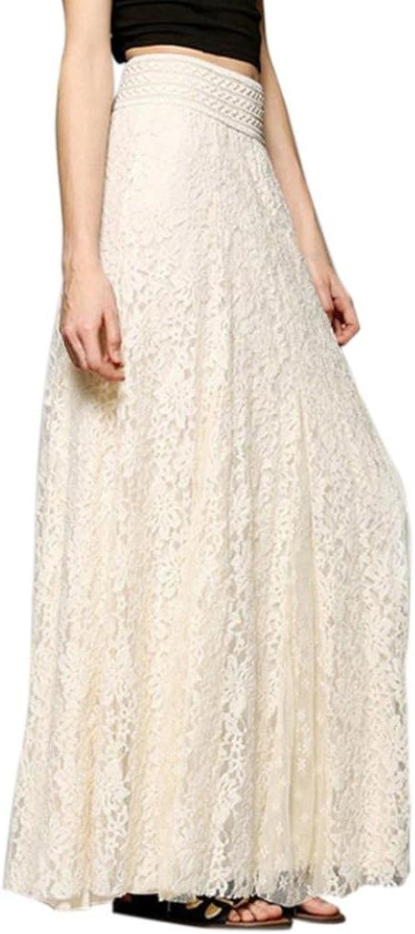 DBolomm Women Full/Ankle Length Elastic Boho Pleated Retro Lace Long Maxi Skirt