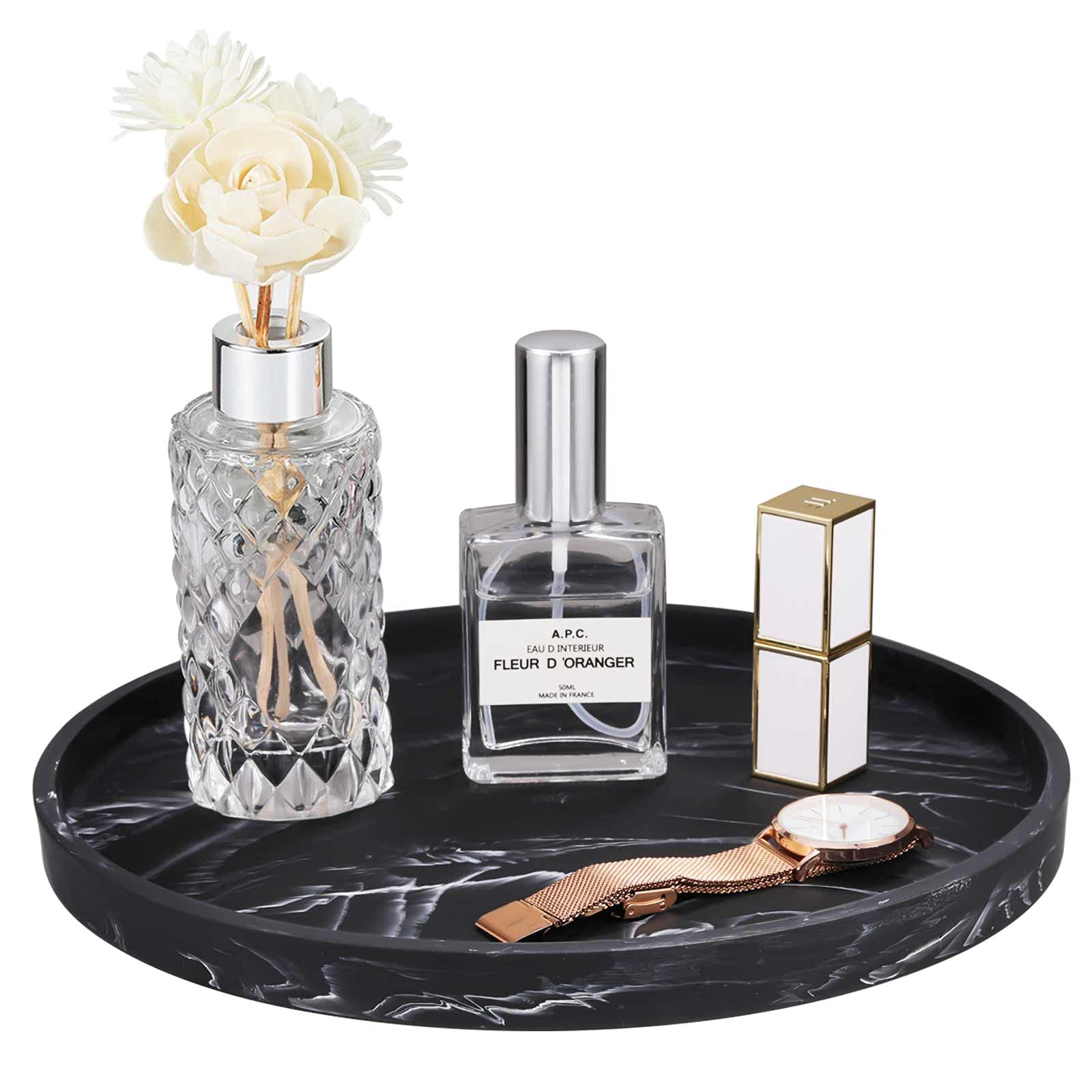 Emibele Vanity Tray, Resin Round Tray Decorative Storage Organizer for Bathroom Toilet Tank Bedroom Kitchen Countertop, Jewelry Storage Dresser Tray for Candle,Lotion Bottle,Cosmetics, Matte Ink Black