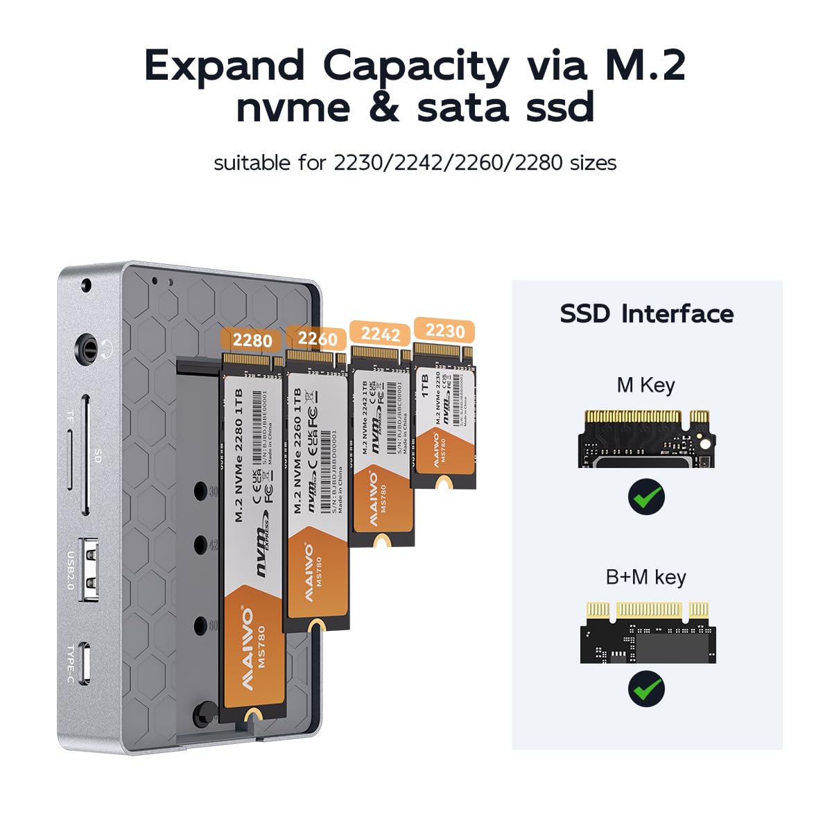 MAIWO Mac mini M4 Dock & Stand with SATA NVMe Enclosure, Mac mini M4 Pro Hub with 2xUSBA 3.1, 1xUSBA 2.0, USB C Data Port Up to 10Gbps, RJ45 Gigabit Network Port, HD 4K Port, SD/TF Slot