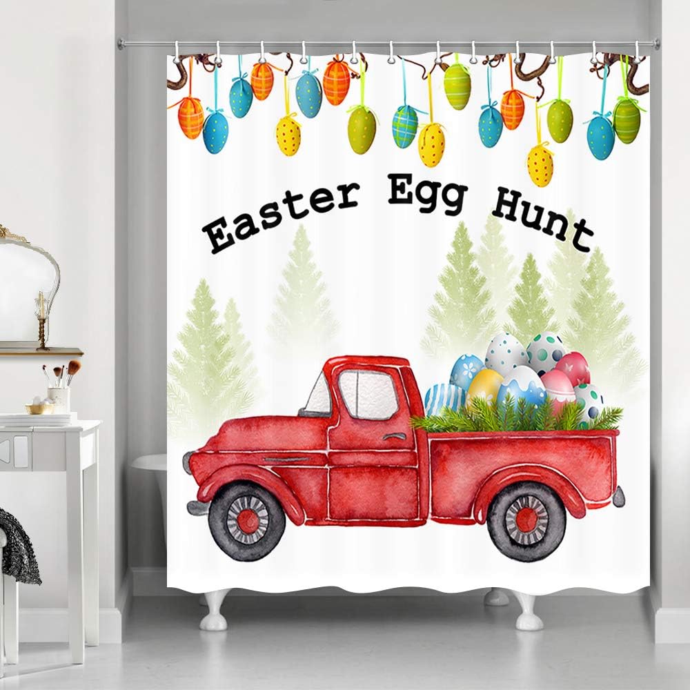 Rustic Retro Red Truck with Colorful Eggs Shower Curtains, Happy Easter Eggs on Vintage Farm Pickup Car in Watercolor Pine Forest for Spring Festival Shower Curtain, Bathroom Accessory Sets, 70in
