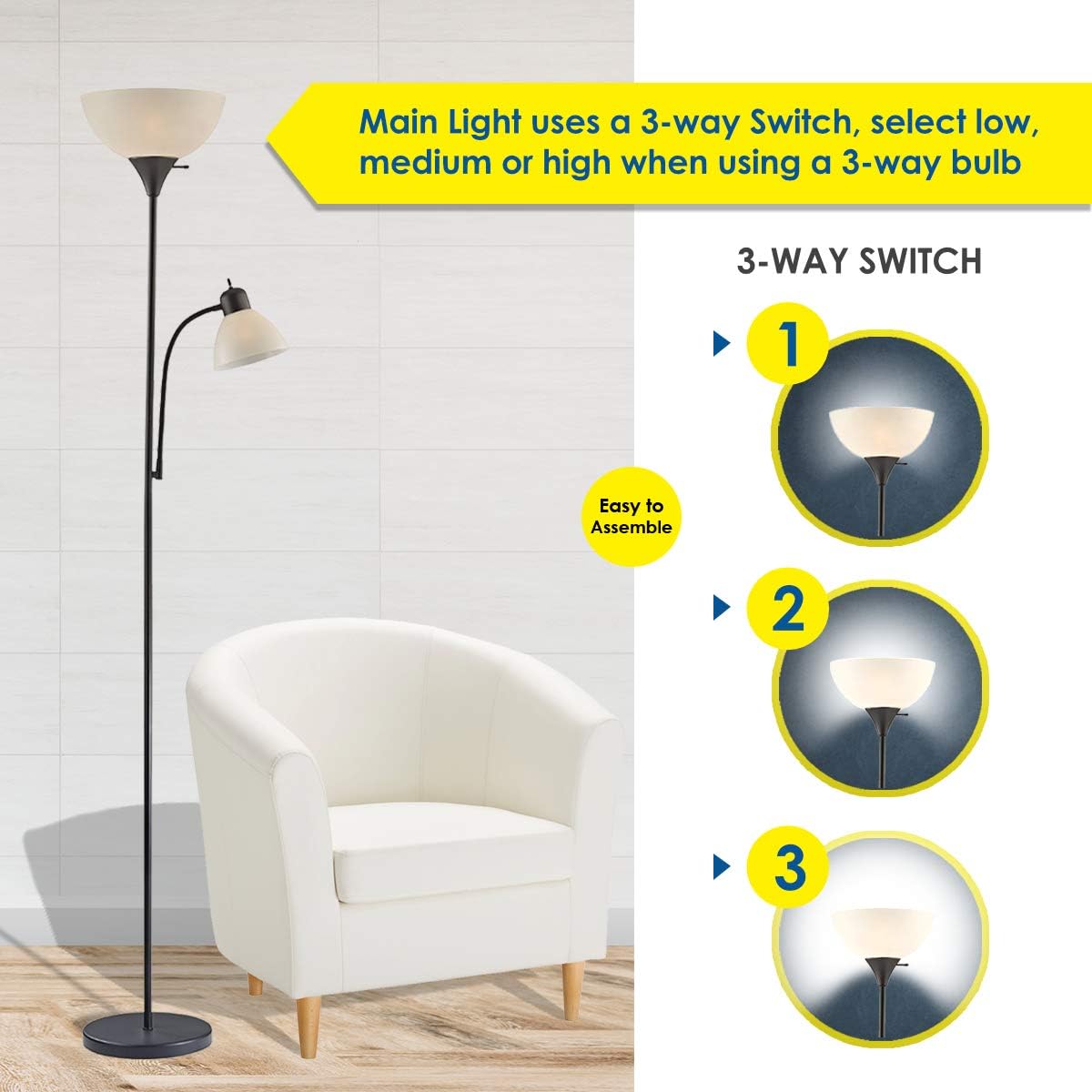 Adjustable Floor Lamp with Reading Light by Light Accents - Susan Modern Standing Lamp for Living Room/Office Lamp 72" Tall - 150-watt with Side Reading Light Corner Lamp (Black) - - 