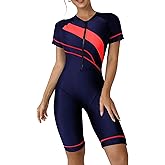 ECUPPER Women One Piece Short Sleeve Swimsuit Boyleg Rash Guard Covered Surfing Suit Zipper Bathing Suit with Built in Bra