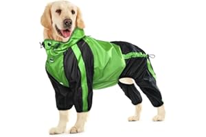 OUOBOB Lightweight Dog Rain Jacket, Adjustable 4-Legs Pet Poncho with Hood, Snow-Proof Dog Vest Rainwear, Rain Clothes Apparel with Leash Hole