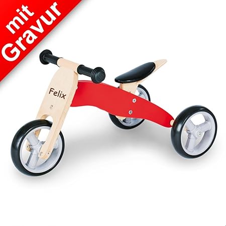Pinolino Mini-Laufdreirad 'Charlie' rot/natur MIT GRAVUR (z.B. Name, Datum, Motiv) als Nummernschild ** Farbe rot/braun ** kl